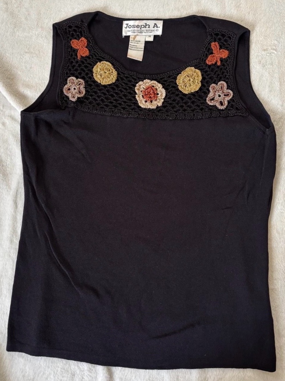 Joseph Black Sleeveless Knit Tank with Crocheted Floral Yoke